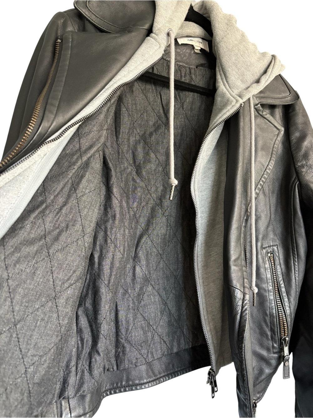 John + Jenn Black Lambskin Leather Moto Jacket w/ Gray Hood Insert Size M - Picture 5 of 9